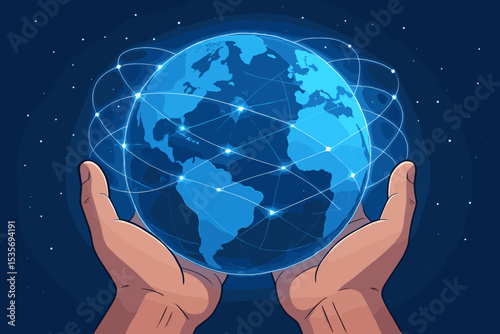 Hands holding glowing Earth with digital network grid. Global connection, communication, and technology concept. Worldwide business, internet, and data exchange metaphor illustration.