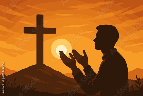 Silhouette of a Christian man praying with open hands to the cross on a hill at sunset. Concept of faith, religion, spirituality, worship, hope, and salvation. Vector art.