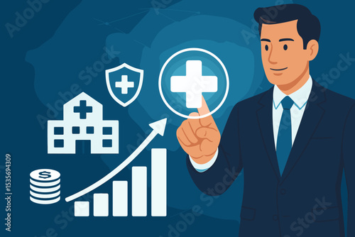 Businessman managing healthcare business growth. Medical industry investment, hospital finance, and health insurance concept. Vector illustration with chart, money, and digital icons.
