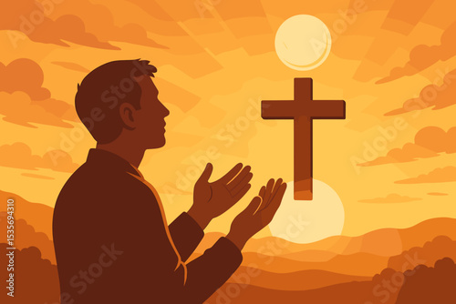 Silhouette of a man praying to God at sunset. Christian religious scene with cross and holy eucharist host. Concept of faith, spirituality, hope, worship, and salvation.