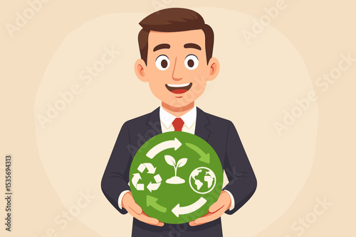Businessman presents circular economy strategy. Man holding green sphere with recycle, plant, and globe icons. Concept for sustainability, ESG, and corporate responsibility.