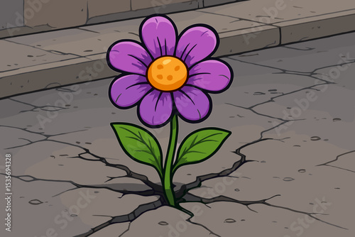 Resilient flower blooming from a crack in the concrete. A metaphor for hope, strength, survival, and new life. Concept of growth, determination, and overcoming adversity.