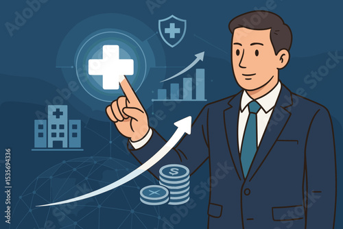 Healthcare business growth and investment strategy. Manager touching a digital medical cross icon. Vector illustration with hospital, financial chart, money, and insurance symbols.