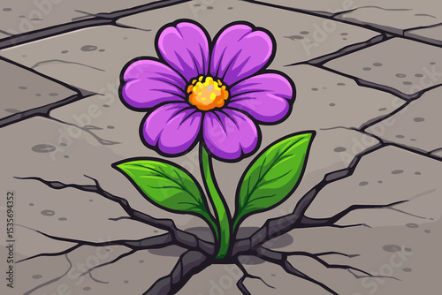 Resilience metaphor with a flower growing through cracked concrete. Concept of hope, strength, perseverance, determination, and a new beginning. Growth and survival of nature.