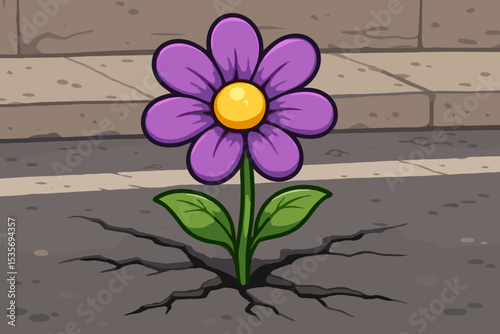 Cartoon flower breaking through concrete. Metaphor for resilience, hope, strength, and survival. Purple bloom in cracked asphalt represents growth, perseverance, and the power of nature.