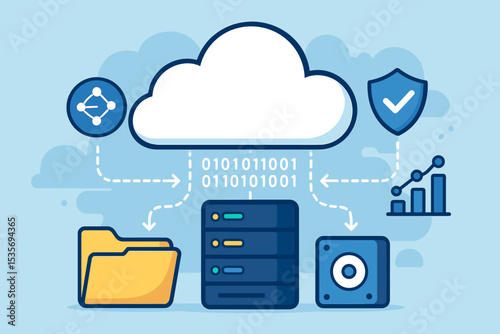 Cloud computing technology concept. Data storage, server hosting, and network security vector illustration. Digital information transfer, backup, and database management system.