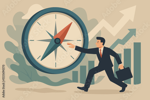 Business recovery and growth concept. Businessman with compass finding direction and strategy for financial success. Career navigation, investment goal with upward chart and arrow.
