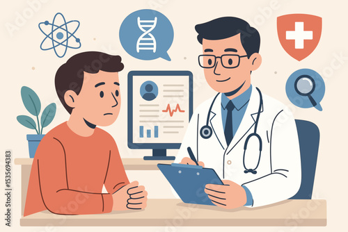 Doctor and patient medical consultation illustration. Physician diagnosing, analyzing patient electronic health record, DNA data. Healthcare, medicine, technology vector concept.