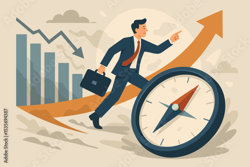 Businessman navigating business recovery from financial crisis. Manager with compass following growth arrow for strategy and direction. Concept of success, leadership, ambition after recession.