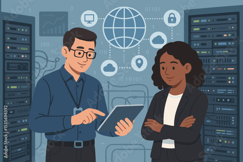 Diverse IT team, man and woman, collaborate in data center. Network engineers with tablet manage servers, cloud computing, and cybersecurity. System administration and teamwork concept.
