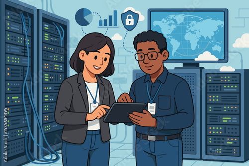 IT specialists working in a server room. Network engineers collaborating with a tablet in a data center. Cybersecurity, global network, and cloud computing vector concept.