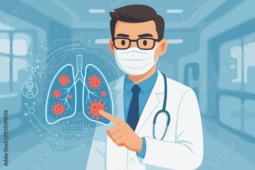 Doctor in mask examines lungs infected with virus on a holographic display. Concept of pulmonology, virology, pneumonia, coronavirus research, and modern medical technology.