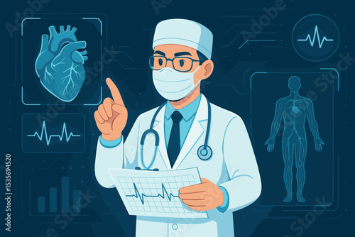 Doctor cardiologist analyzing heart condition on futuristic screen. Medical concept of healthcare technology, cardiology diagnosis, ECG analysis and telemedicine innovation vector.