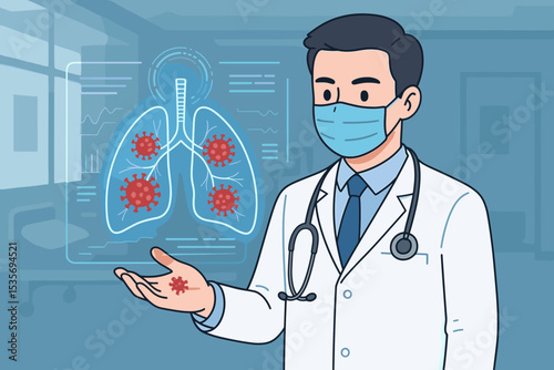 Doctor with mask examines lungs infected with virus on futuristic hologram. Pulmonologist analyzes respiratory disease. Concept for coronavirus, pneumonia, medical technology, diagnosis.