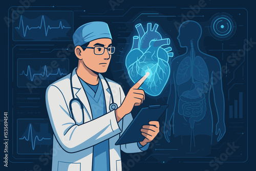 Doctor cardiologist analyzing a futuristic heart hologram. Medical technology concept with virtual interface, EKG, and human anatomy. Healthcare innovation and digital diagnosis.