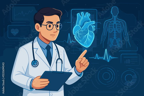 Cardiologist doctor using futuristic hologram interface for heart analysis. Medical technology concept with EKG, heartbeat scan. Healthcare professional diagnosing patient's health.