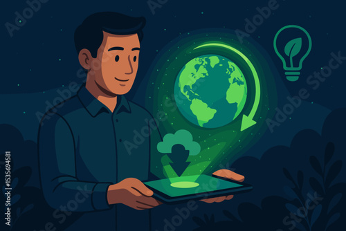 Sustainable energy vision concept. Man using tablet with green technology hologram. Planet Earth, eco lightbulb idea, and cloud data for environmental conservation and sustainability.