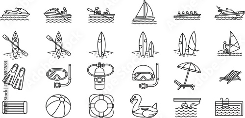  Water related activities icon set with adjustable line weight