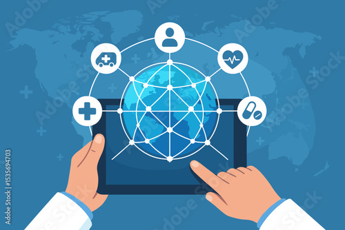 Doctor holding a tablet with a global healthcare network. Telemedicine and digital health concept. World map with icons for patient care, emergency, pharmacy, and cardiology services.