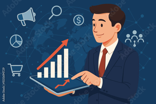 Businessman holding tablet with growing financial chart. Digital marketing strategy concept for business growth, investment success, data analysis, global network vector illustration.
