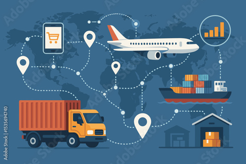 Smart logistics and global supply chain network concept. International freight transportation by truck, ship, and plane. E-commerce delivery and warehouse distribution system.