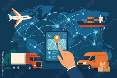 Smart logistics and global supply chain management concept. Hand using tracking app on tablet for delivery service. Freight transport by truck, ship, plane on world map network.