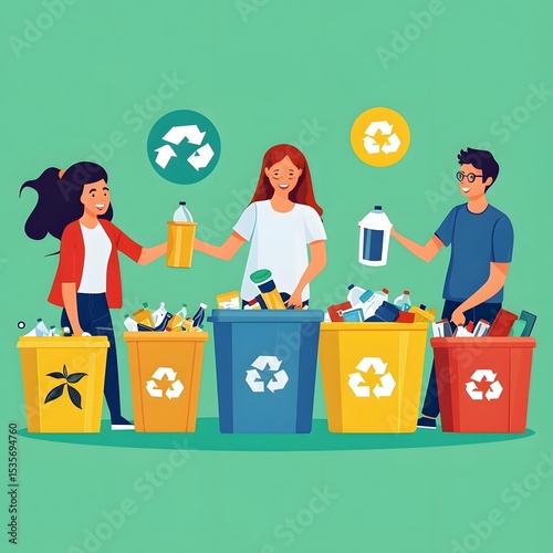 Students sorting trash into labeled bins