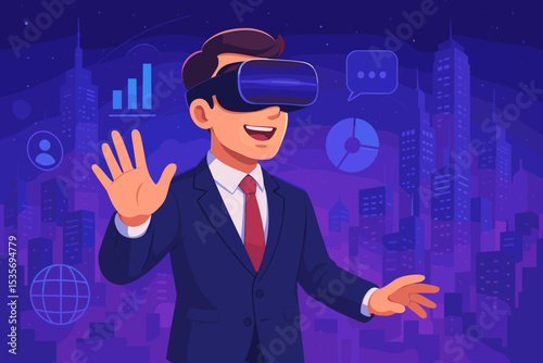 Metaverse business concept. Businessman wearing VR glasses in a virtual world. Man interacts with data charts for analytics and presentation. Futuristic technology in a digital city.