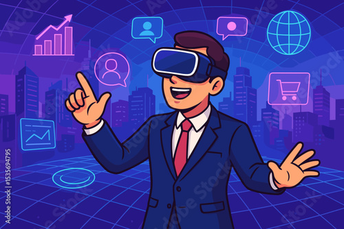 Metaverse business concept with a businessman wearing a VR headset. Virtual reality technology for future growth, data analysis, global e-commerce, and digital communication.