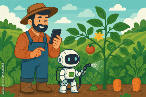 Smart farming technology concept. Farmer with a smartphone controls an agricultural robot watering plants in a garden. Agritech automation, innovation, and precision agriculture.
