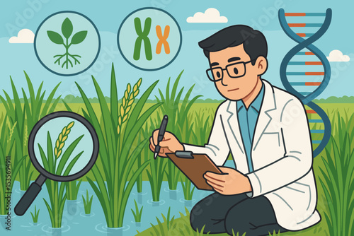 Genetic research in agriculture. Scientist studying rice plant in paddy field. Concept of biotechnology, food science, GMO. Botanist inspecting crop with magnifying glass. DNA and chromosome icons.