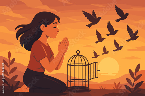 Freedom concept vector illustration. Woman praying at sunset releases birds from an open cage. Metaphor for letting go, hope, new life, mental liberation, and spiritual healing.