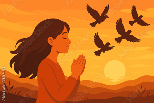 Peaceful woman praying at sunset with flying bird silhouettes. Serene girl meditating with hands together. Concept of spirituality, faith, hope, gratitude, and inner peace.