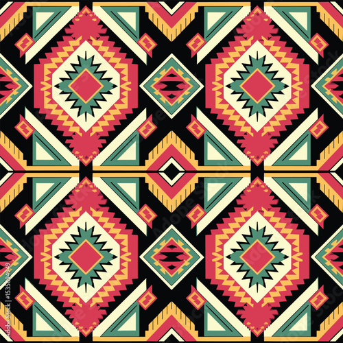 Bold Aztec Tribal Geometric Seamless Pattern with Black, Red, and Green Colors