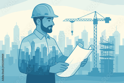 Engineer or architect with hard hat and blueprint. Double exposure with cityscape and construction crane. Concept for urban development, building industry, and real estate. Vector.