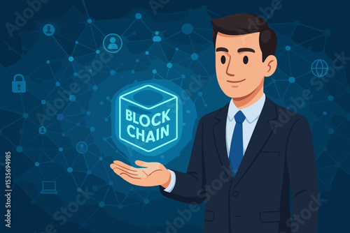 Businessman presenting blockchain innovation. Man in suit holds glowing cube icon. Concept for cryptocurrency, fintech, decentralized network, digital finance, security, and data technology.