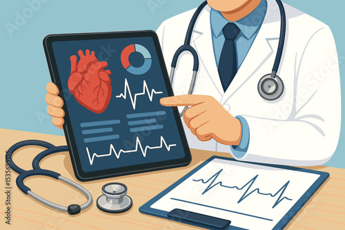 Cardiologist doctor explaining patient heart data on a digital tablet. Medical technology concept with stethoscope, ECG cardiogram, pulse analysis, and diagnosis for healthcare.