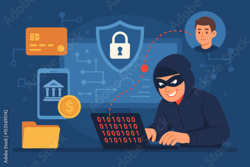 Hacker with laptop stealing money and personal data. Cybercrime, phishing, and financial fraud concept. Internet security breach, identity theft, and online scam vector illustration.