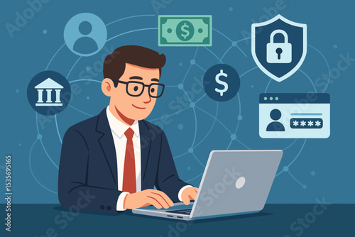 Digital banking security and fintech concept. Businessman at laptop managing online finances and payments. Vector illustration of cybersecurity, password protection, and secure transactions.