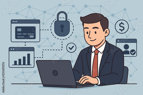 Businessman at laptop managing digital banking. Fintech concept with icons for secure online payment, data protection, cybersecurity, credit card, and financial analysis. Vector illustration.