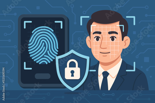 Biometric security concept with facial recognition and fingerprint scanning. Digital authentication technology for identity verification, access control, cybersecurity, and data protection.
