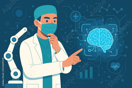 Medical AI concept. Doctor analyzing a human brain on a futuristic digital interface. Artificial intelligence in healthcare, neuroscience research, robotic assistance, and diagnostics.