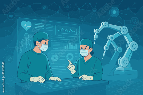 Futuristic healthcare technology with doctors and a robotic surgery arm. Medical innovation concept with AI analyzing patient data on a digital screen. Digital health, telemedicine vector.