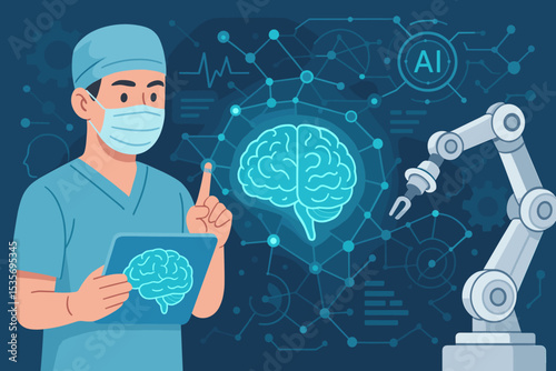 Doctor using AI for brain analysis and diagnosis on futuristic interface. Artificial intelligence in medicine, robotic surgery arm. Healthcare technology, neurology concept vector.
