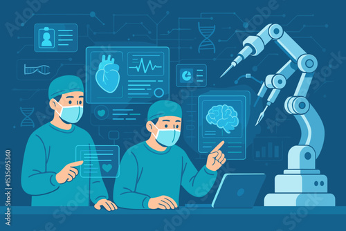 Futuristic healthcare concept with doctors using advanced technology. Robotic surgery arm, AI interface with heart and brain scans for medical diagnosis. Innovation in medicine vector.