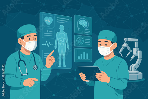 Doctors analyzing patient data on a futuristic holographic screen. Medical technology and healthcare innovation concept with robotic surgery arm, AR, virtual reality, and AI diagnostics.