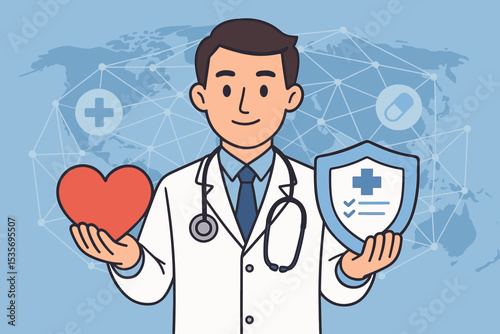 Doctor holding heart and shield. Health insurance and medical protection concept. Global healthcare network. Cardiology and medicine vector illustration for hospital and clinic.