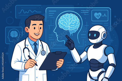 Robot and doctor collaboration in brain research. Artificial intelligence analyzing neurological data on a futuristic screen. Concept for AI in healthcare, medicine, and neurology.