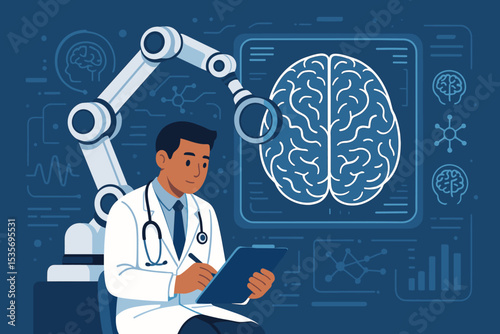 Robotics in brain research concept. Scientist or neurologist with robotic arm analyzing brain scan on screen. Future of medical technology, AI, and healthcare innovation. Vector.