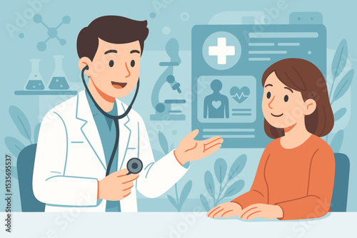 Doctor consulting a female patient in a medical clinic office. Physician giving advice during a health check-up. Healthcare, medicine, diagnosis, and treatment vector concept.